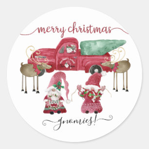 Merry Christmas Gnome Watercolor Red Truck Classic Round Sticker