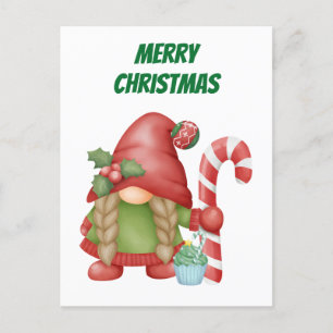 Merry Christmas Gnome with Candy Cane Holiday Postcard