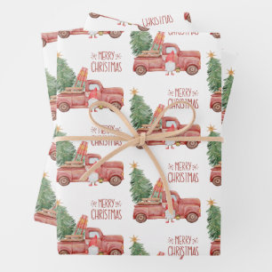 Merry Christmas Gnome with Vintage Red Truck Wrapping Paper Sheet