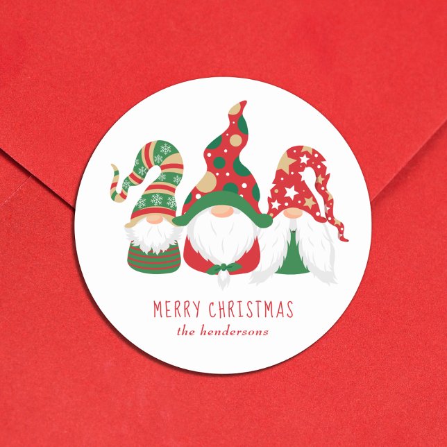 Merry Christmas Gnomes Cute Personalised Classic Round Sticker (Christmas gnomes bring joy, laughter, and a touch of magic to your holiday season cards and gifts)