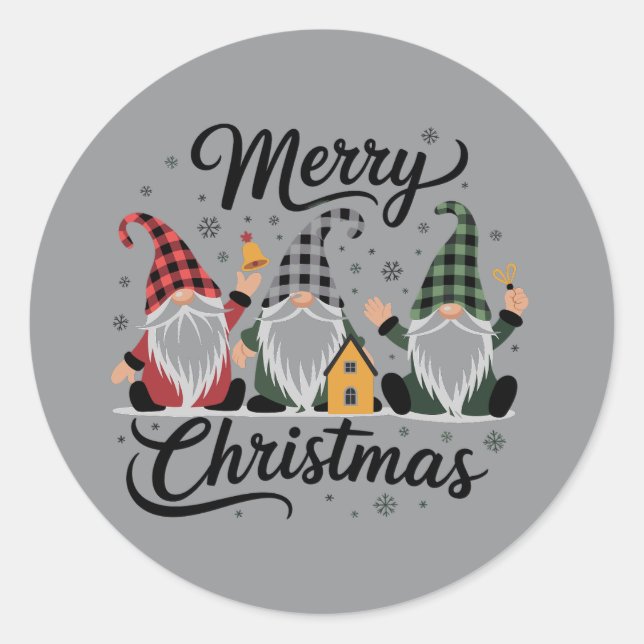 Merry Christmas Gnomes Cute Xmas Holiday Tree Classic Round Sticker (Front)