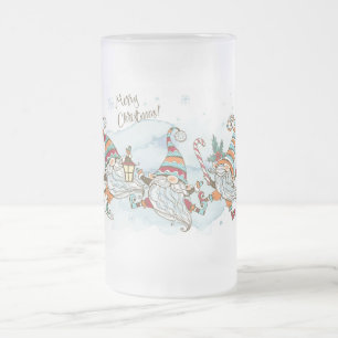 Merry Christmas Gnomes Frosted Glass Beer Mug