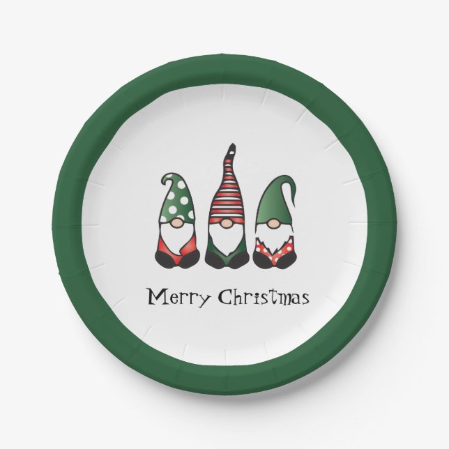 Merry Christmas Gnomes Green Paper Plate (Front)