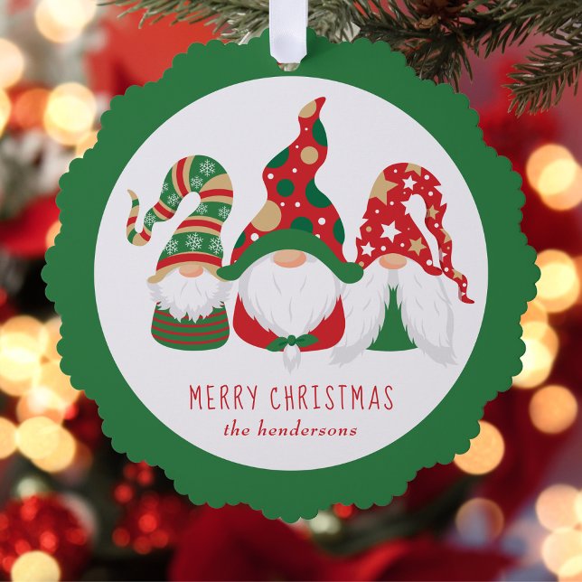 Merry Christmas Gnomes Green Tree Decoration Card (Share the love and warmth of the holiday season with a paper ornament card)
