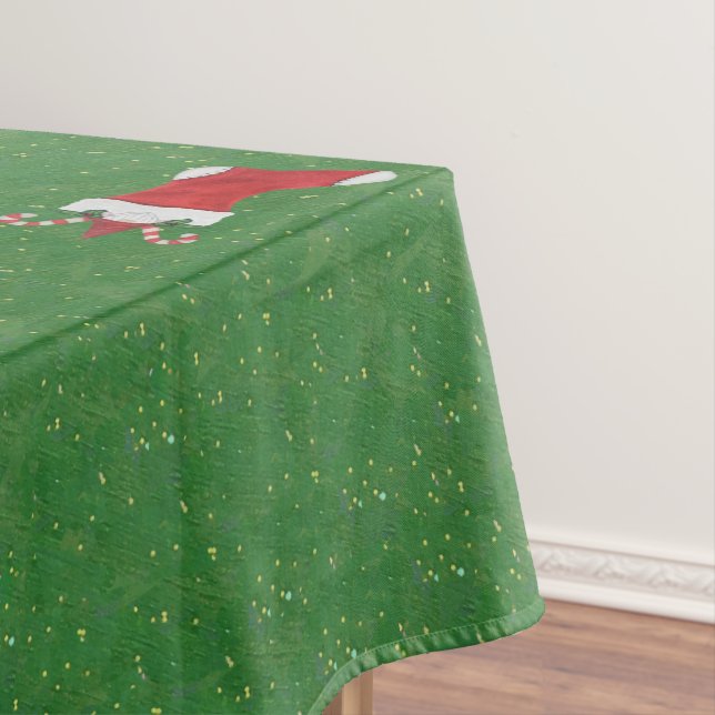 Merry Christmas Gnomes in Red Stockings Green Gold Tablecloth (In Situ)