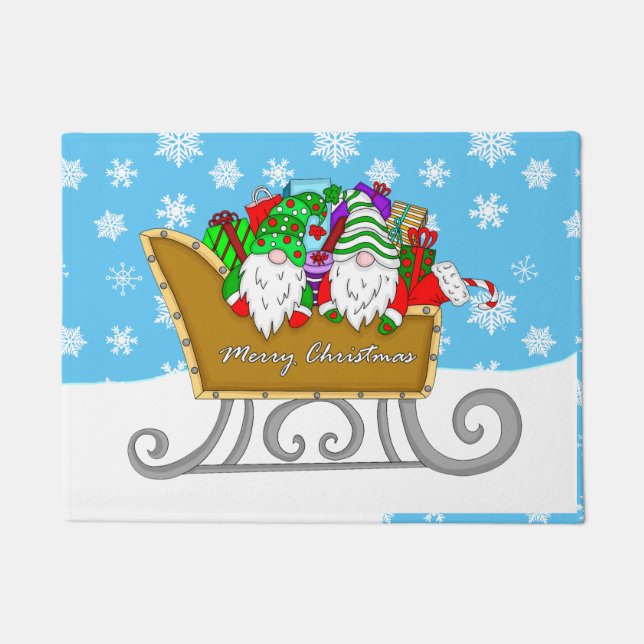 Merry Christmas Gnomes in Sled Doormat (Front)