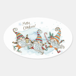 Merry Christmas Gnomes Oval Sticker