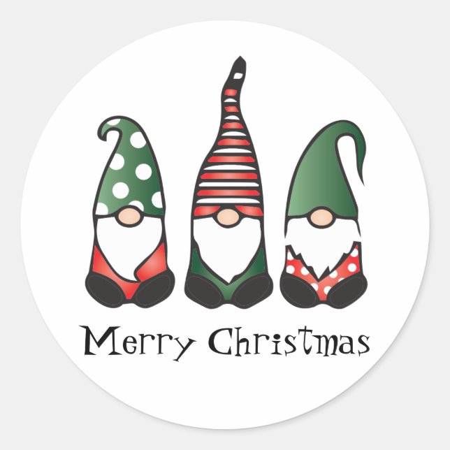 Merry Christmas Gnomes Red Green Classic Round Sticker (Front)