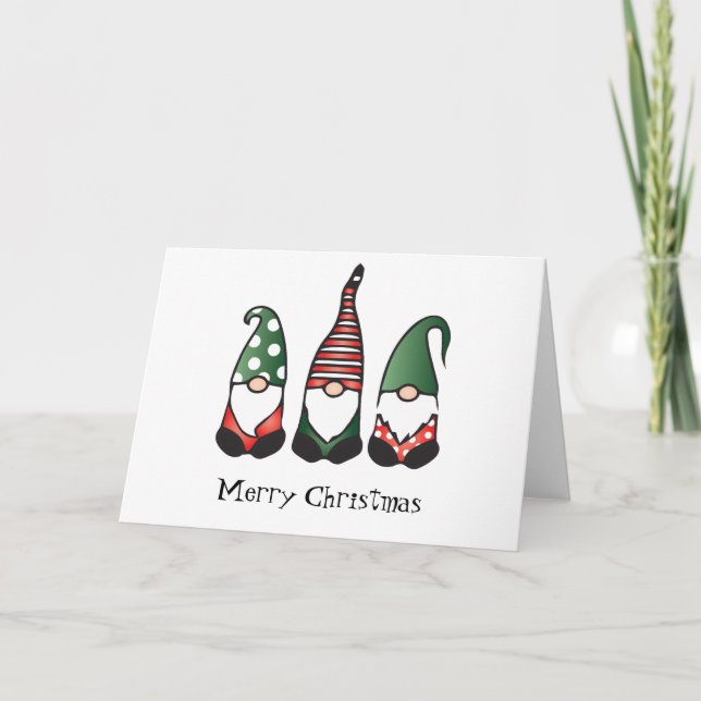 Merry Christmas Gnomes Red Green Holiday Card (Front)
