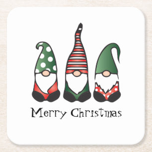 Merry Christmas Gnomes Red Green Square Paper Coaster