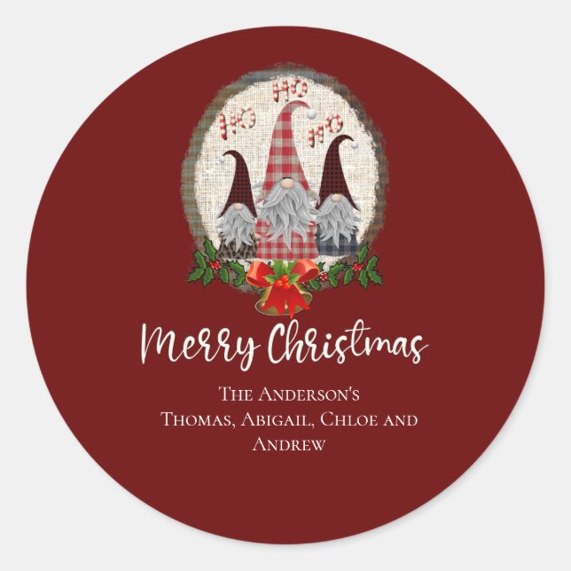 Merry Christmas Gnomes Red, Rustic, Plaid, Trendy  Classic Round Sticker (Front)