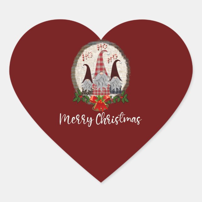Merry Christmas Gnomes Red, Rustic, Plaid, Trendy Heart Sticker (Front)