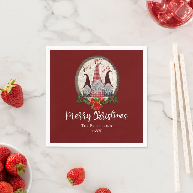 Merry Christmas Gnomes Red, Rustic, Plaid, Trendy  Napkin (Insitu)