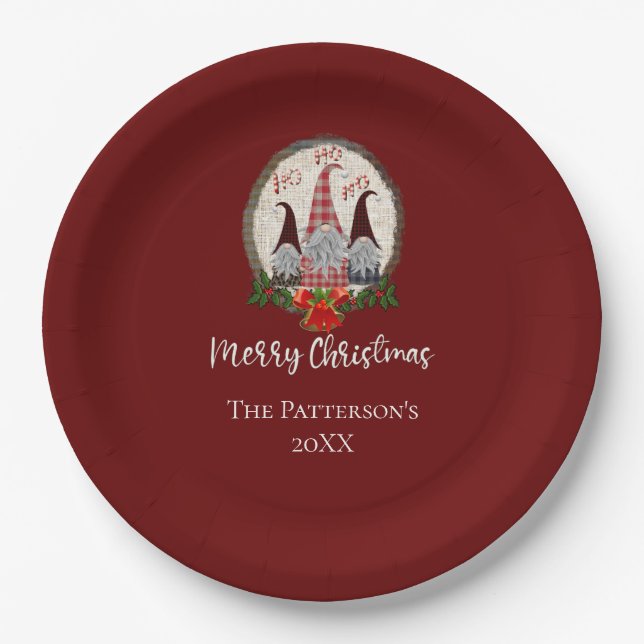 Merry Christmas Gnomes Red, Rustic, Plaid, Trendy Paper Plate (Front)