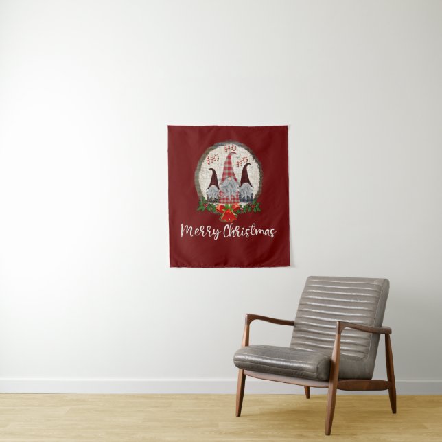 Merry Christmas Gnomes Red, Rustic, Plaid, Trendy  Tapestry (In Situ)