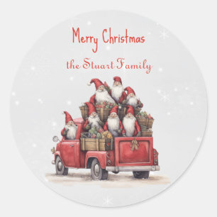 Merry Christmas Gnomes Red Vintage Truck Custom Classic Round Sticker