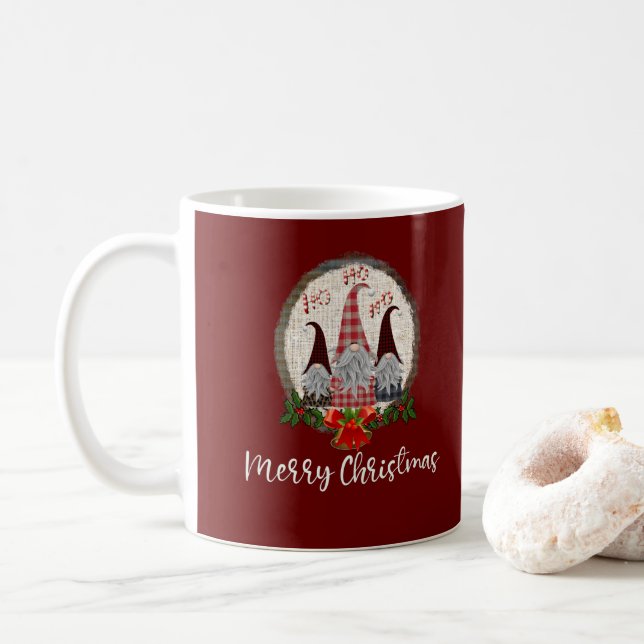 Merry Christmas Gnomes Rustic, Plaid, Trendy  Coffee Mug (With Donut)