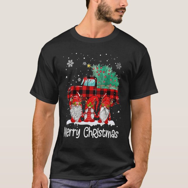 Merry Christmas Gnomes Santa Reindeer Plaid Truck  T-Shirt (Front)