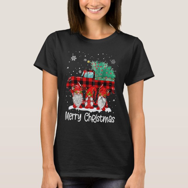 Merry Christmas Gnomes Santa Reindeer Plaid Truck  T-Shirt (Front)