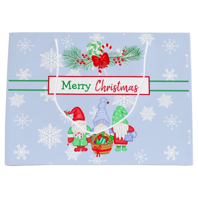Merry Christmas Gnomes Snowflakes Blue Background Large Gift Bag (Front)