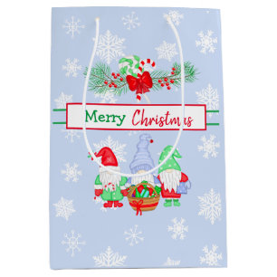 Merry Christmas Gnomes Snowflakes Blue Background Medium Gift Bag