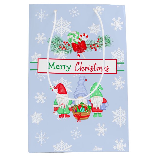 Merry Christmas Gnomes Snowflakes Blue Background  Medium Gift Bag (Front)