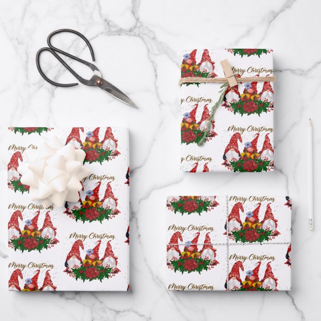 Merry Christmas Gnomes Trendy Adorable Holiday Wrapping Paper Sheet (Front)