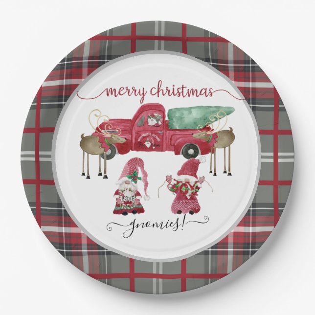 Merry Christmas Gnomies Gnome Red Plaid Watercolor Paper Plate (Front)