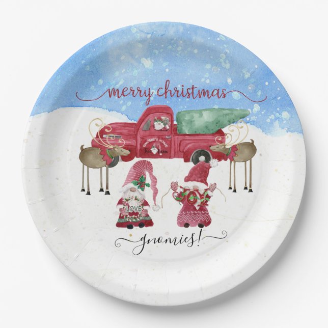 Merry Christmas Gnomies Snowy Tree Farm Watercolor Paper Plate (Front)