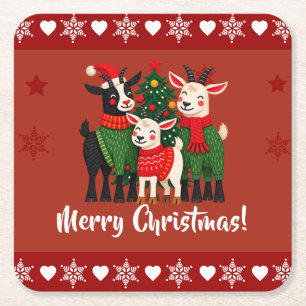 Merry Christmas Goat Family   Square Paper Coaster