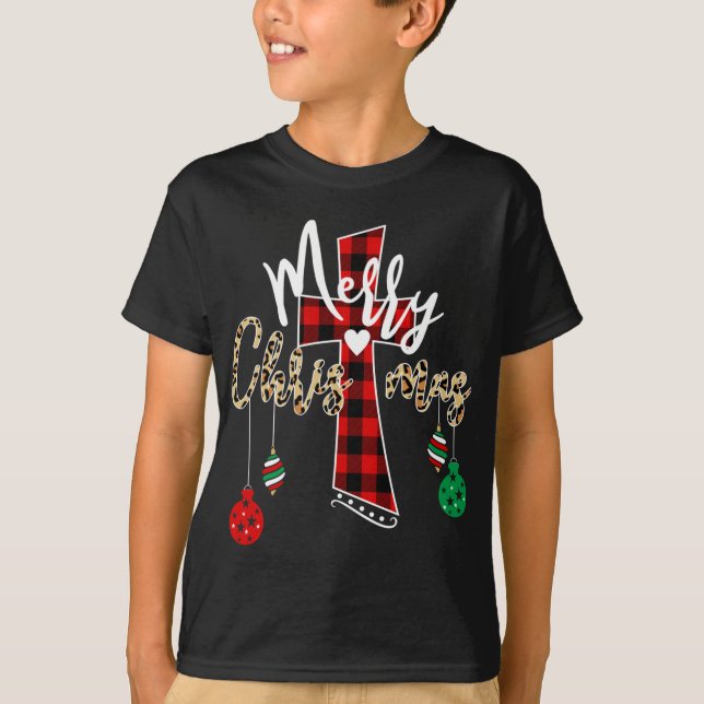 Merry Christmas God Cross Christian Buffalo Plaid  T-Shirt (Front)