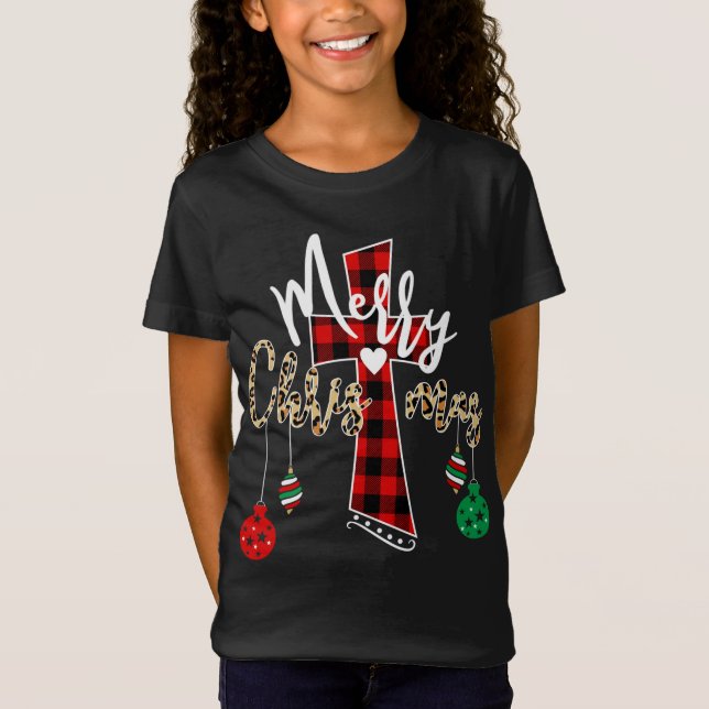 Merry Christmas God Cross Christian Buffalo Plaid  T-Shirt (Front)