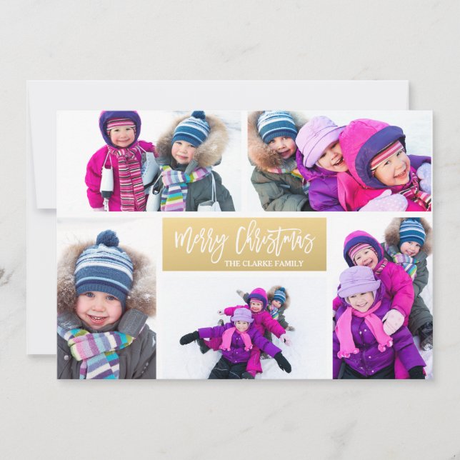 Merry Christmas Gold 5 Photo Collage Holiday Card (Front)