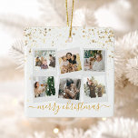 Merry Christmas Gold 6 Photo Collage Ceramic Ornament<br><div class="desc">Personalised Christmas ornament featuring a modern style photo collage with 6 pictures alongside elegant minimalist typography in gold colour.</div>
