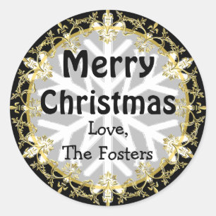 Merry Christmas Gold and Black Personalise Holiday Classic Round Sticker