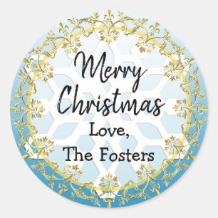 Merry Christmas Gold and Blue Personalise Holiday Classic Round Sticker