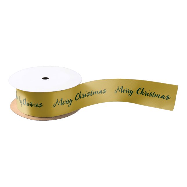 Merry Christmas Gold and Dark Green Elegant Script Satin Ribbon (Spool)