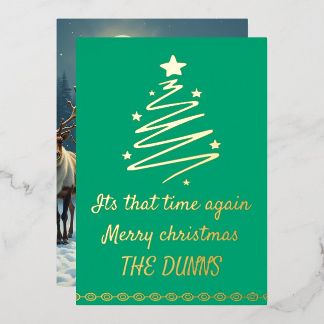 Merry christmas gold and green personalise foil holiday card (Front/Back)