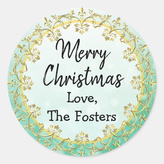Merry Christmas Gold and Green Personalise Holiday Classic Round Sticker (Front)