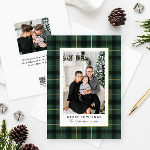 Merry Christmas Gold and Green Tartan Plaid Photo Foil Holiday Card