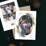 Merry Christmas Gold and Green Winter Floral Photo Holiday Card<br><div class="desc">Modern and elegant Merry Christmas greeting card features an oval shaped family holiday portrait on the front that is framed with neutral green and gold winter greenery leaves with red berry and gold sparkle accents. the back of the card includes three additional photo spaces and a custom message that can...</div>