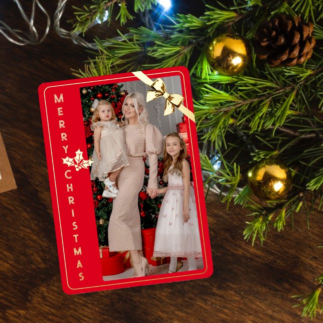 Merry Christmas gold and red family picture card (Creator Uploaded)