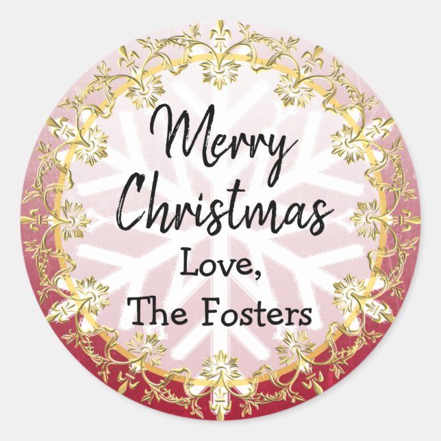 Merry Christmas Gold and Red Personalise Holiday Classic Round Sticker (Front)