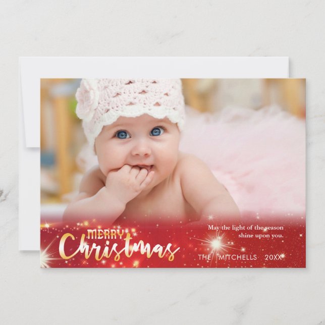 Merry Christmas, Gold and White Lights on Red Holiday Card (Front)
