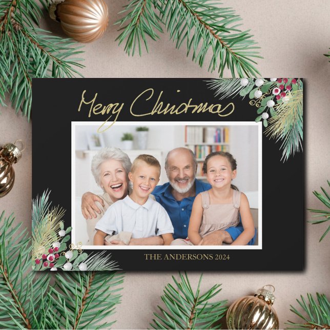 Merry Christmas Gold Berries Photo Black Holiday Card (Creator Uploaded)