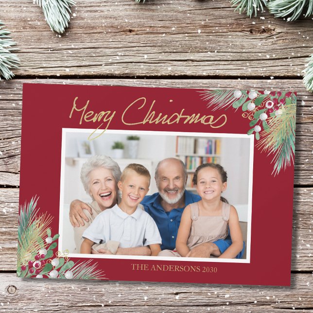 Merry Christmas Gold Berries Photo Christmas  Holiday Card (Creator Uploaded)