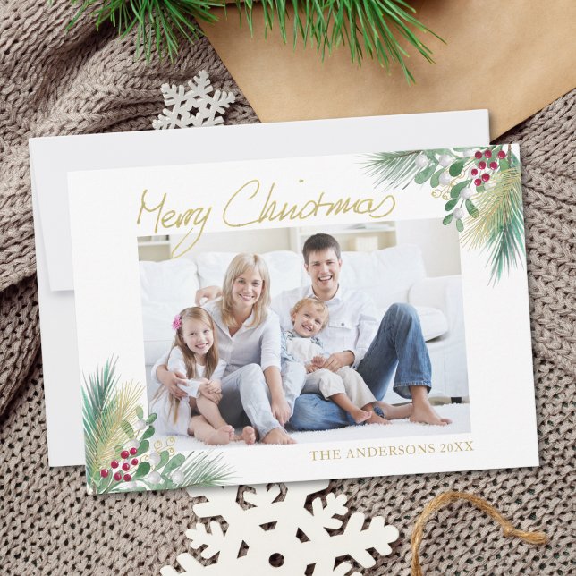 Merry Christmas Gold Berries Photo Christmas Holiday Card (Creator Uploaded)