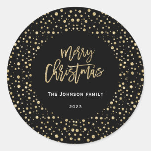 Merry Christmas Gold Black Glitter Dots Photo Classic Round Sticker