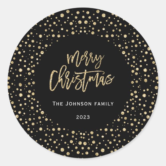 Merry Christmas Gold Black Glitter Dots Photo Classic Round Sticker (Front)
