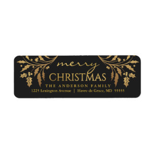 Merry Christmas Gold & Black Holly Return Address